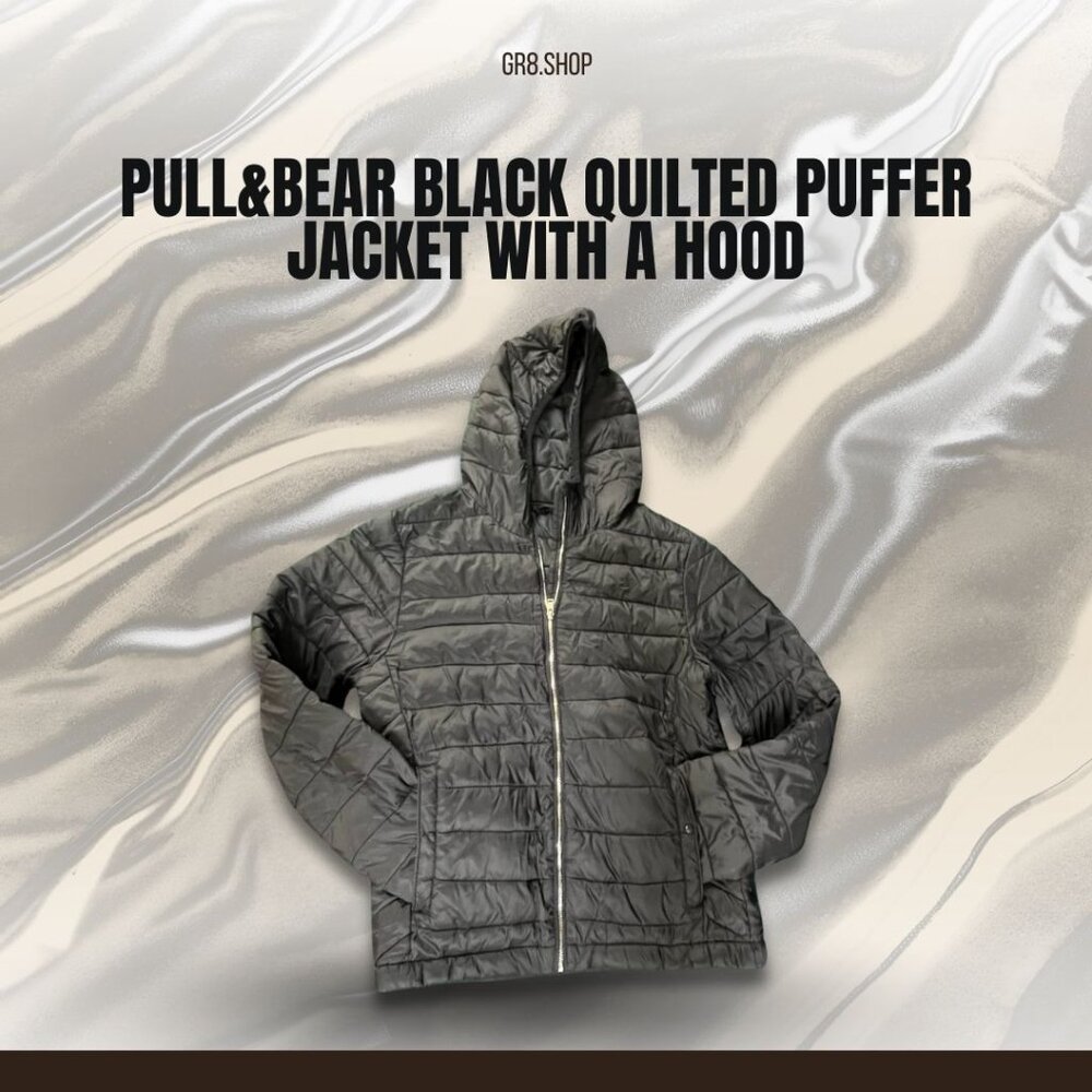 PULL&BEAR Black Quilted Puffer Jacket With Attached Hood - Lightweight Warmth &